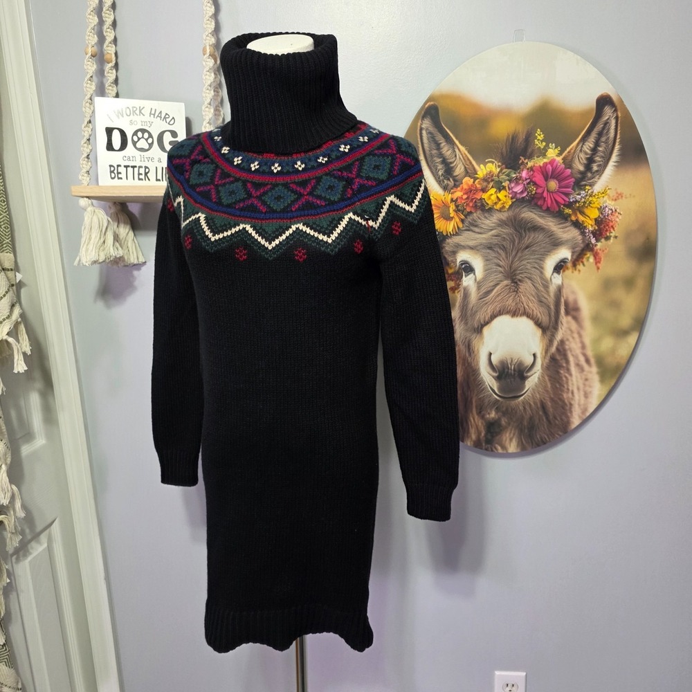 Ralph Lauren Fair Isle Roll Neck Sweater Dress Size XXS Black Wool Blend